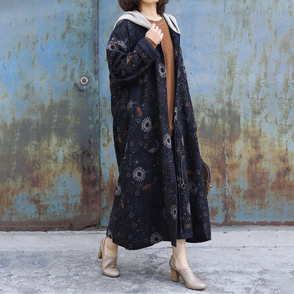 Sunflower Printed Retro Loose Hooded Coat