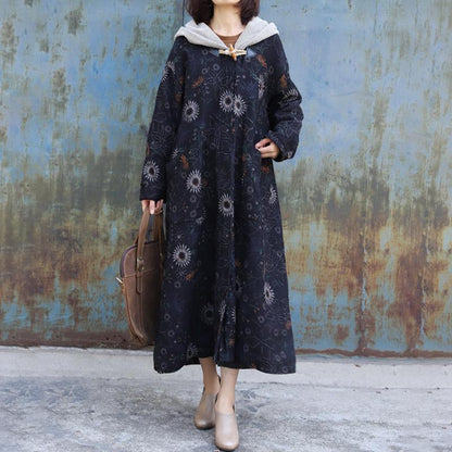 Sunflower Printed Retro Loose Hooded Coat