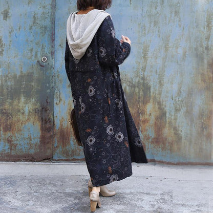 Sunflower Printed Retro Loose Hooded Coat