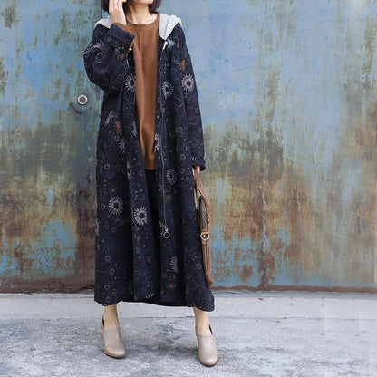 Sunflower Printed Retro Loose Hooded Coat