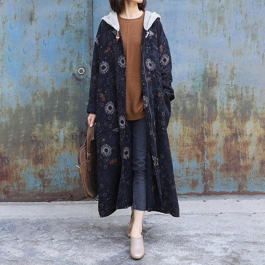 Sunflower Printed Retro Loose Hooded Coat
