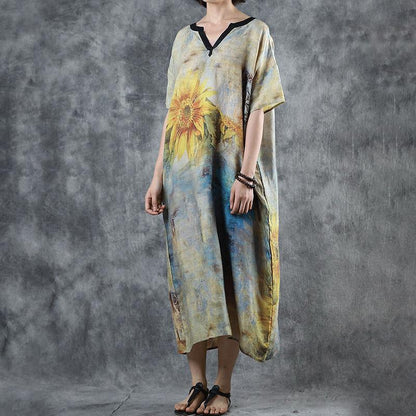 Sunflower V-Neck Loose Comfortabe Thin Dress