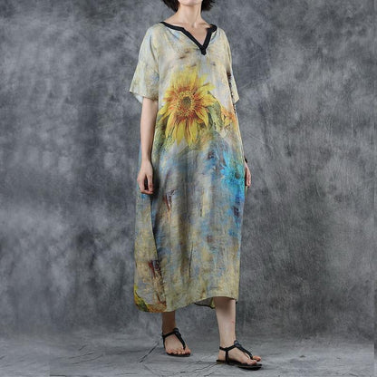 Sunflower V-Neck Loose Comfortabe Thin Dress