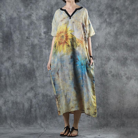 Sunflower V-Neck Loose Comfortabe Thin Dress