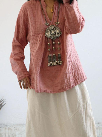 Linen Cotton V-neck Fold Blouse