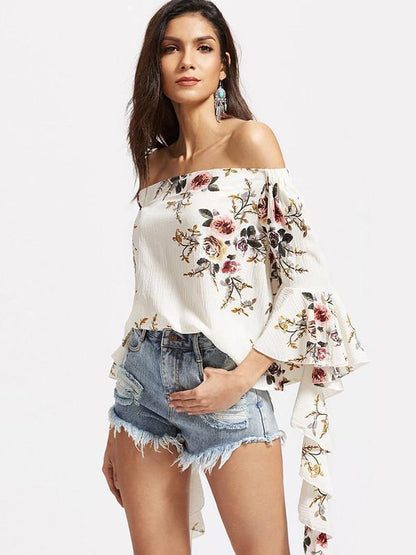 Popular Fashion Floral-Print Off-Shoulder Long Sleeve T-Shirts Tops