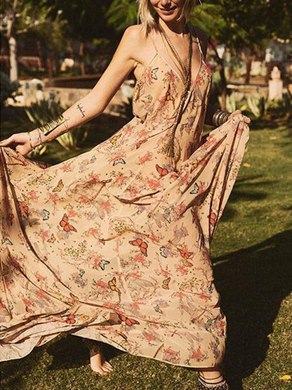 Floral Backless Condole Belt Maxi Dress