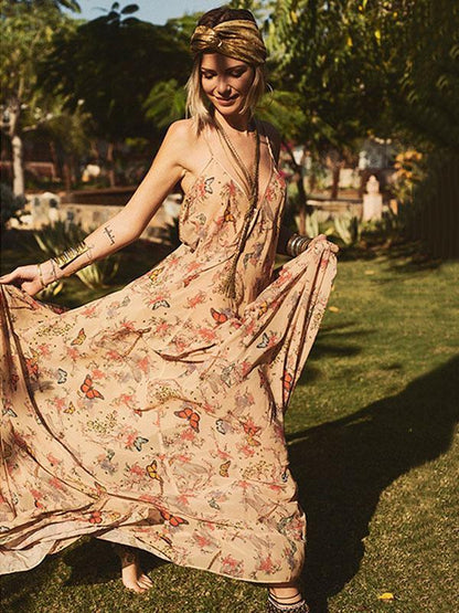 Floral Backless Condole Belt Maxi Dress