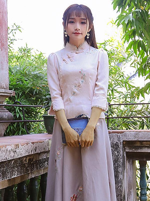 Chinese Traditional Stand Collar Top with Floral Print