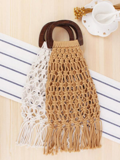 Fishing Net Wooden Handle Tasseled Tote Bag