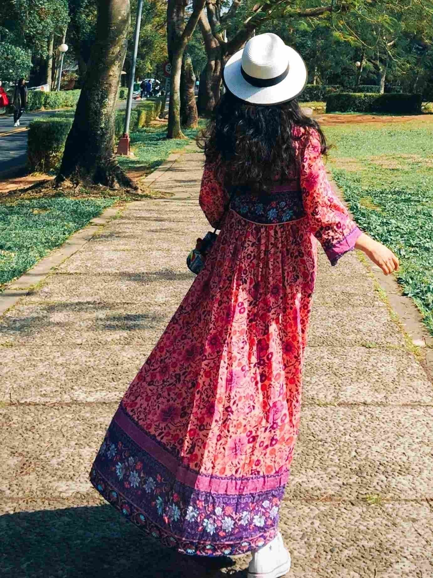 Pink Floral Long Sleeves Maxi Beach Bohemia Dress