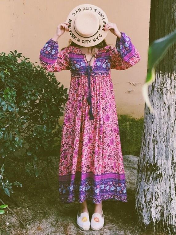 Pink Floral Long Sleeves Maxi Beach Bohemia Dress
