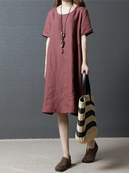 Casual Three-quarters Sleeves Short Cotton Dress, Three Colors