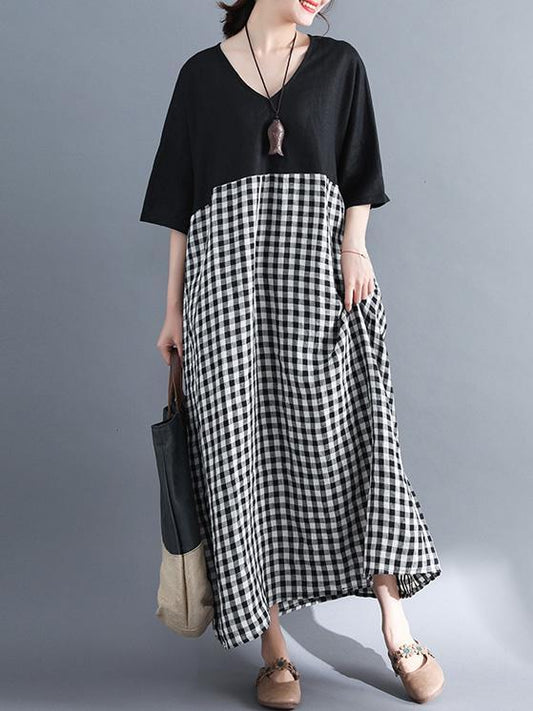 Woman Daily Cotton Long Dress in Black and White Color