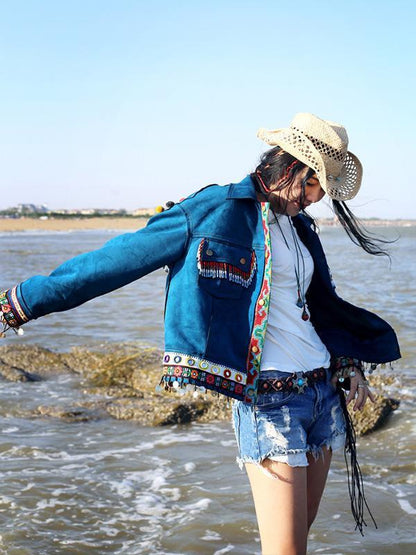 Beautiful Blue Embroidered Stand Collar National Style Jacket Tops