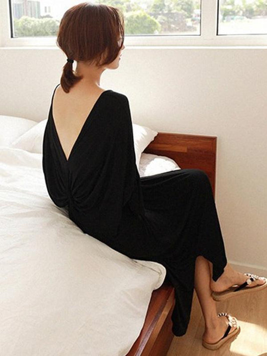 Black Three-quarter Sleeve Long Dress with Open Back Cut
