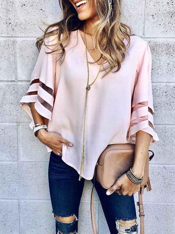 V-neck Flared Sleeves Loose Blouses&shirts Tops