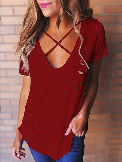 Sexy Short Sleeve V Neck with Small Holes T-Shirt Tops