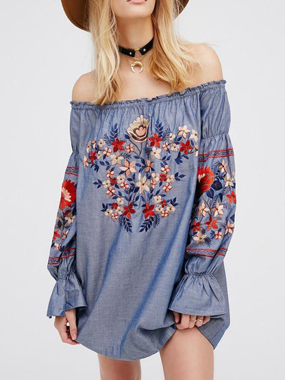 Open Shoulder Long Sleeves Mini Dress with Floral Print