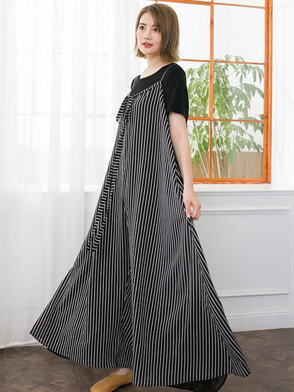 Open Shoulder Loosen Laced Jumpsuit in Black-White Stripes