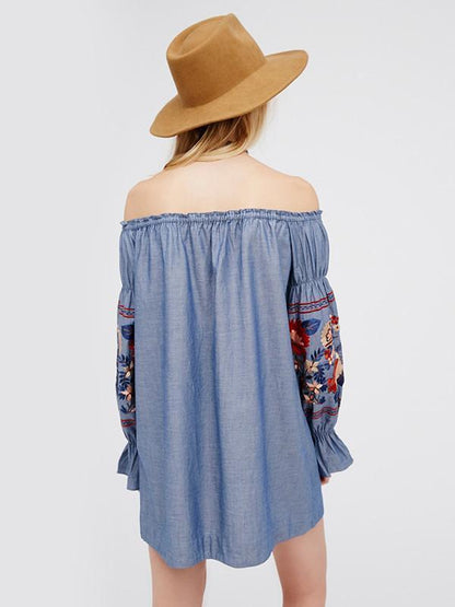 Open Shoulder Long Sleeves Mini Dress with Floral Print