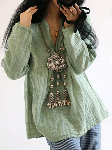 Linen Cotton V-neck Fold Blouse