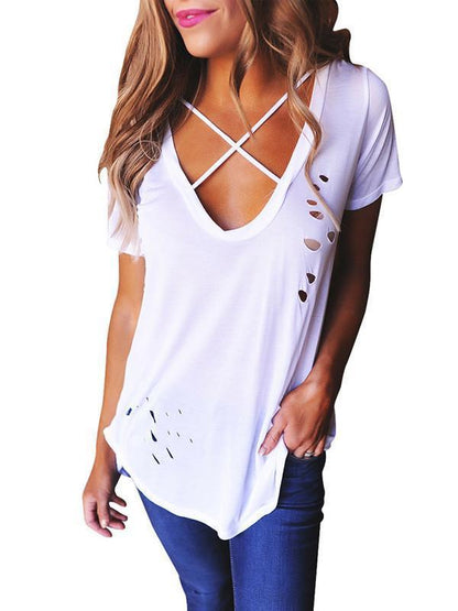 Sexy Short Sleeve V Neck with Small Holes T-Shirt Tops