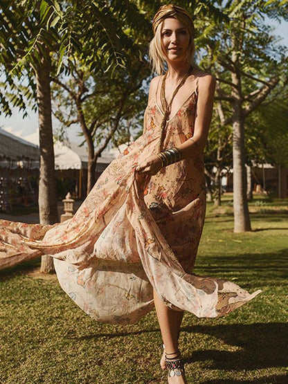 Floral Backless Condole Belt Maxi Dress