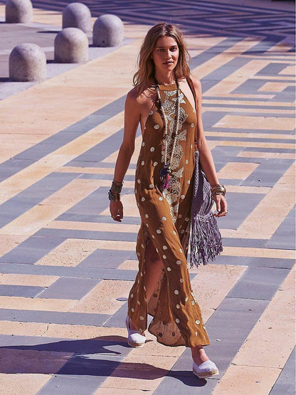 Emboridery Split-side Halterneck Backless Maxi Dress