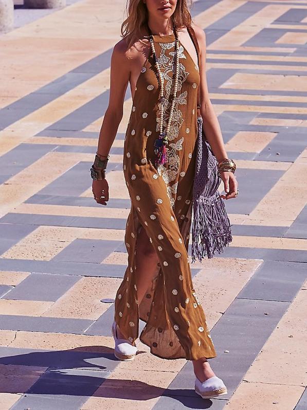 Emboridery Split-side Halterneck Backless Maxi Dress