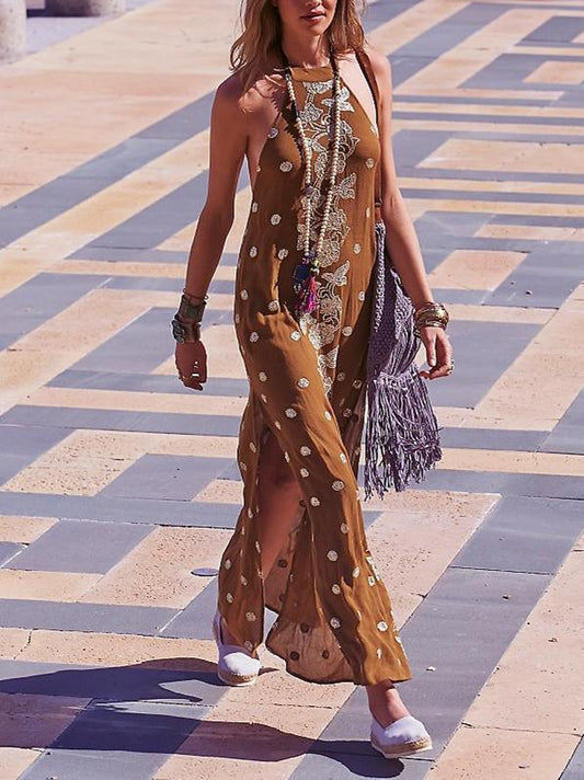 Emboridery Split-side Halterneck Backless Maxi Dress