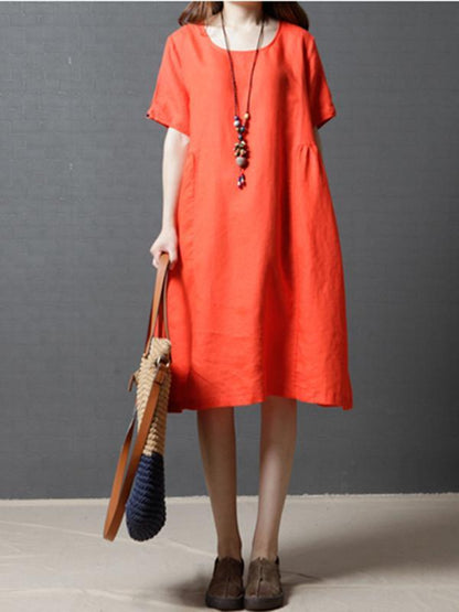 Casual Three-quarters Sleeves Short Cotton Dress, Three Colors