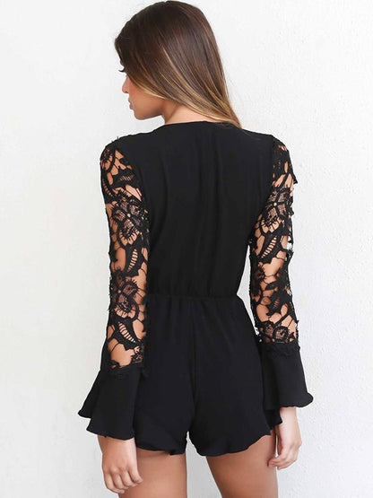 Lace Split Joint V Neck Bandage Romper