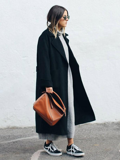 Fashion Solid Color Lapel Collar Long Outwear Tops