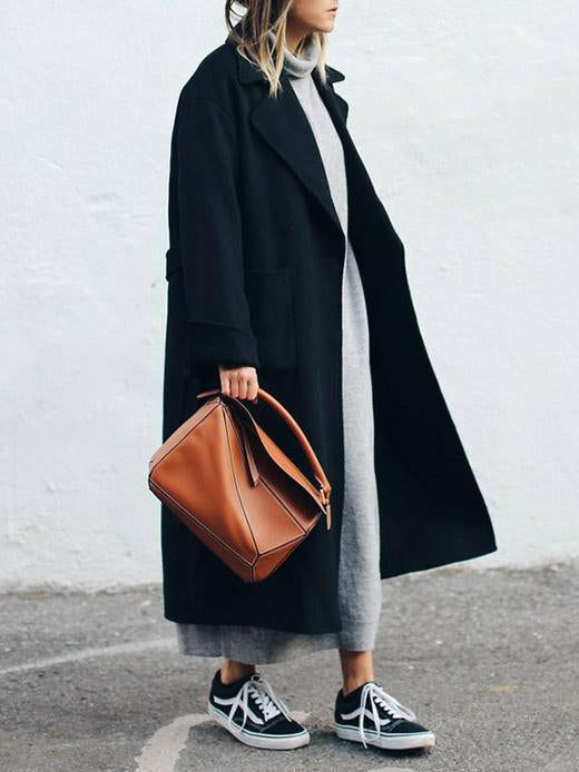 Fashion Solid Color Lapel Collar Long Outwear Tops