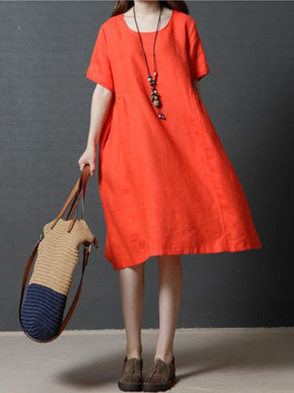 Casual Three-quarters Sleeves Short Cotton Dress, Three Colors