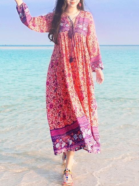 Pink Floral Long Sleeves Maxi Beach Bohemia Dress