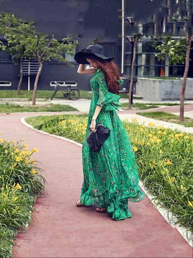 Bohemia Chiffon Green Flared Sleeves V-neck Maxi Dress