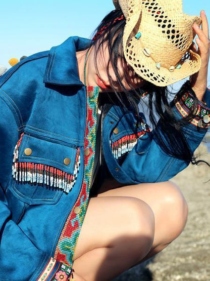 Beautiful Blue Embroidered Stand Collar National Style Jacket Tops