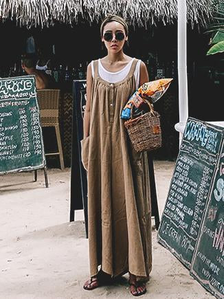 Casual Convenient Cotton Jumpsuit in Black and Coffee Color