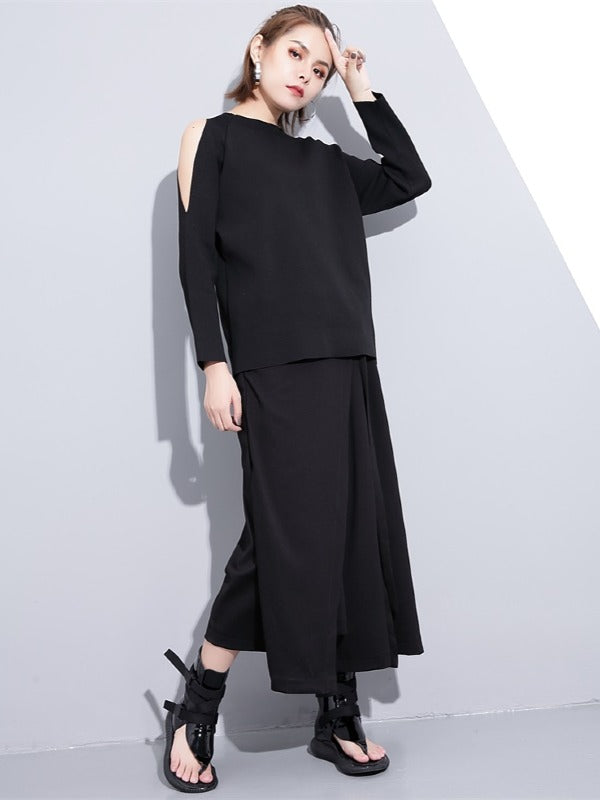 BLACK LOOSE CASUAL PANTS LACE-UP WIDE LEG PANTS