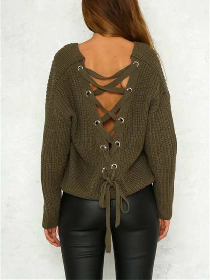 Fashion Solid Color V-neck Halterback Bandage Sweater Tops