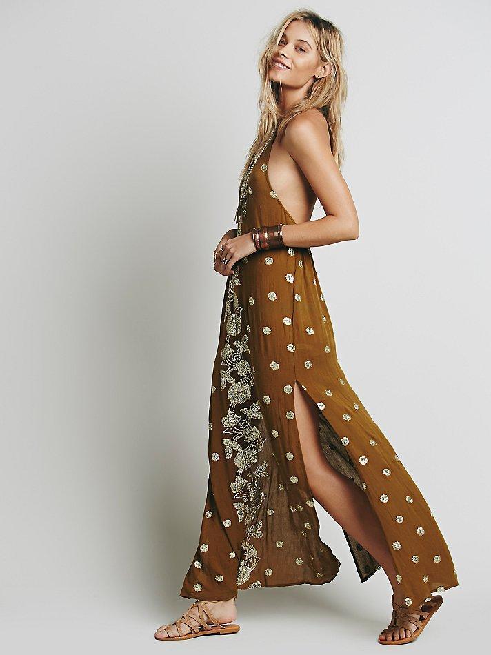 Emboridery Split-side Halterneck Backless Maxi Dress
