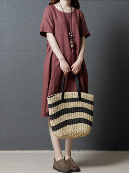 Casual Three-quarters Sleeves Short Cotton Dress, Three Colors