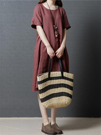 3 Solid Colors Fashionable Ramie Cotton Short Dress