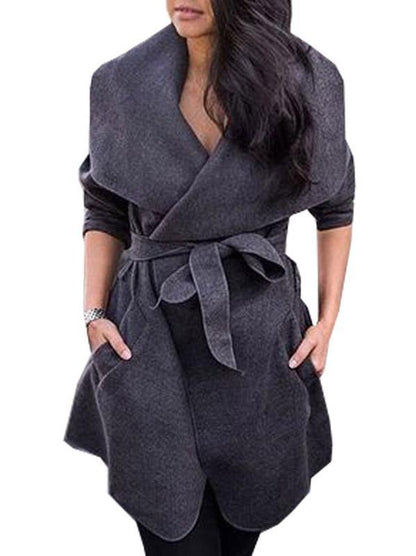 Solid Color Lapel Collar Belted Coat Tops