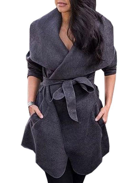 Solid Color Lapel Collar Belted Coat Tops