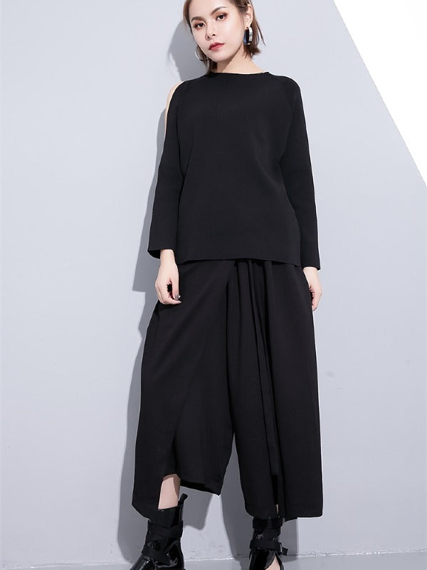 BLACK LOOSE CASUAL PANTS LACE-UP WIDE LEG PANTS