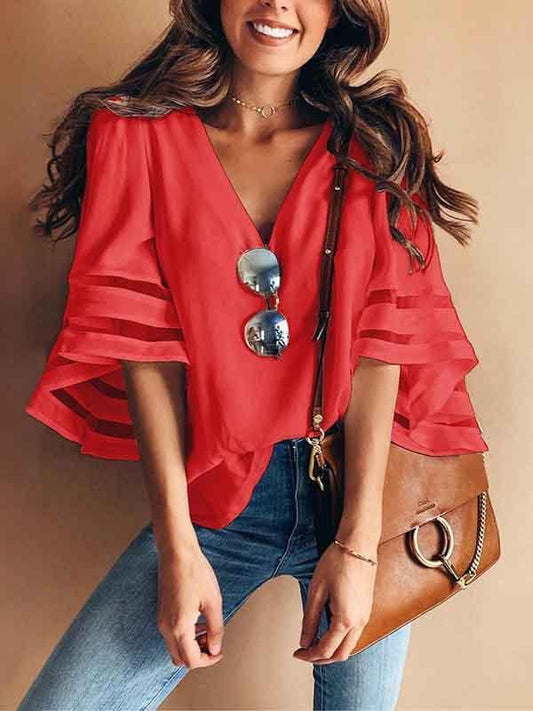 V-neck Flared Sleeves Loose Blouses&shirts Tops
