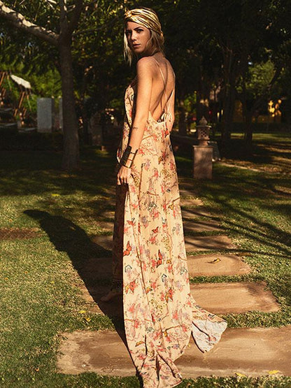 Floral Backless Condole Belt Maxi Dress